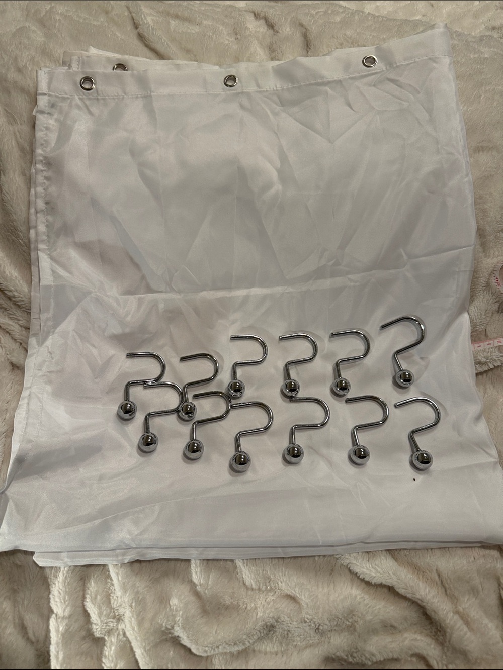 Source Unknown White Shower Curtain with Silver Hooks